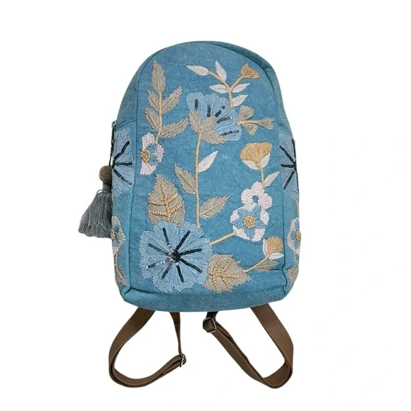 CROSSTREE LANE Floral Embroidered and Sequined Chambray Denim Backpack Purse - Picture 2 of 15